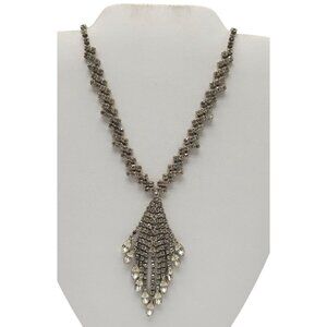 Vintage Rhinestone Fringe Necklace 17" Silver Tone Statement Piece For Women